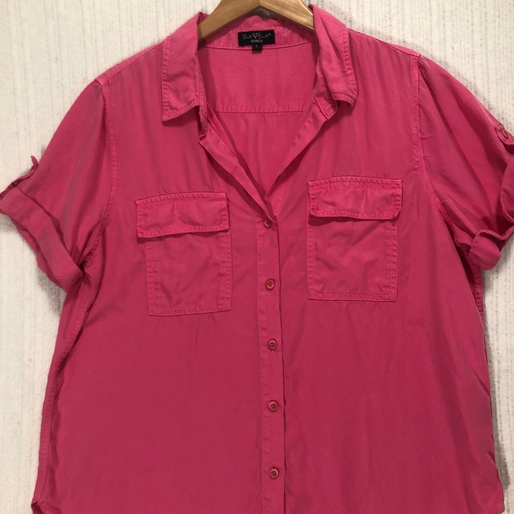 Velvet Heart Pink Button Down Shirt Roll Tab Sleeve Pockets Women's Size Large